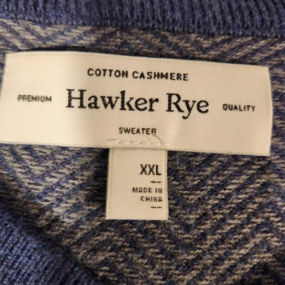 Hawker‎ Rye Sweater Mens 2XL Cotton Cashmere PulloverNavy Herringbone V Neck